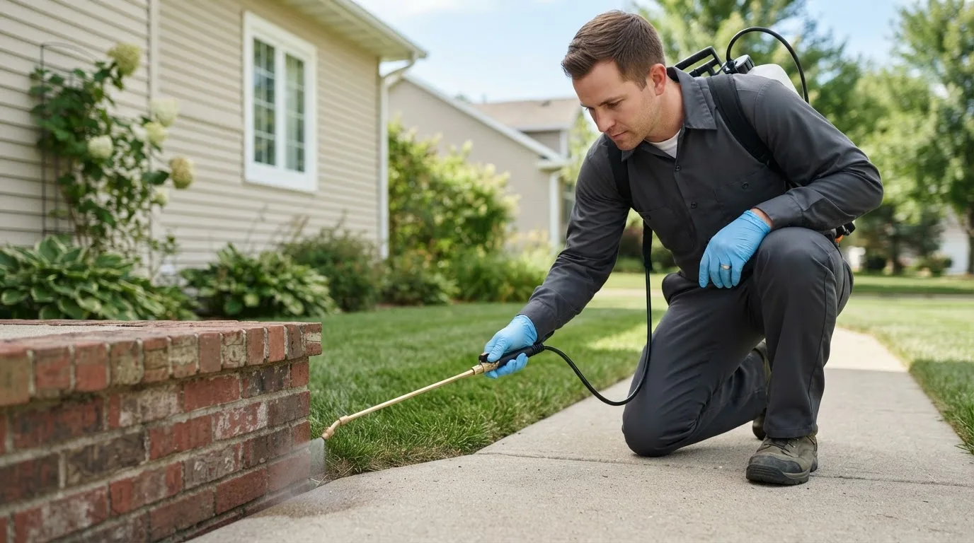 Pest control technician treating a home near Boscawen, NH